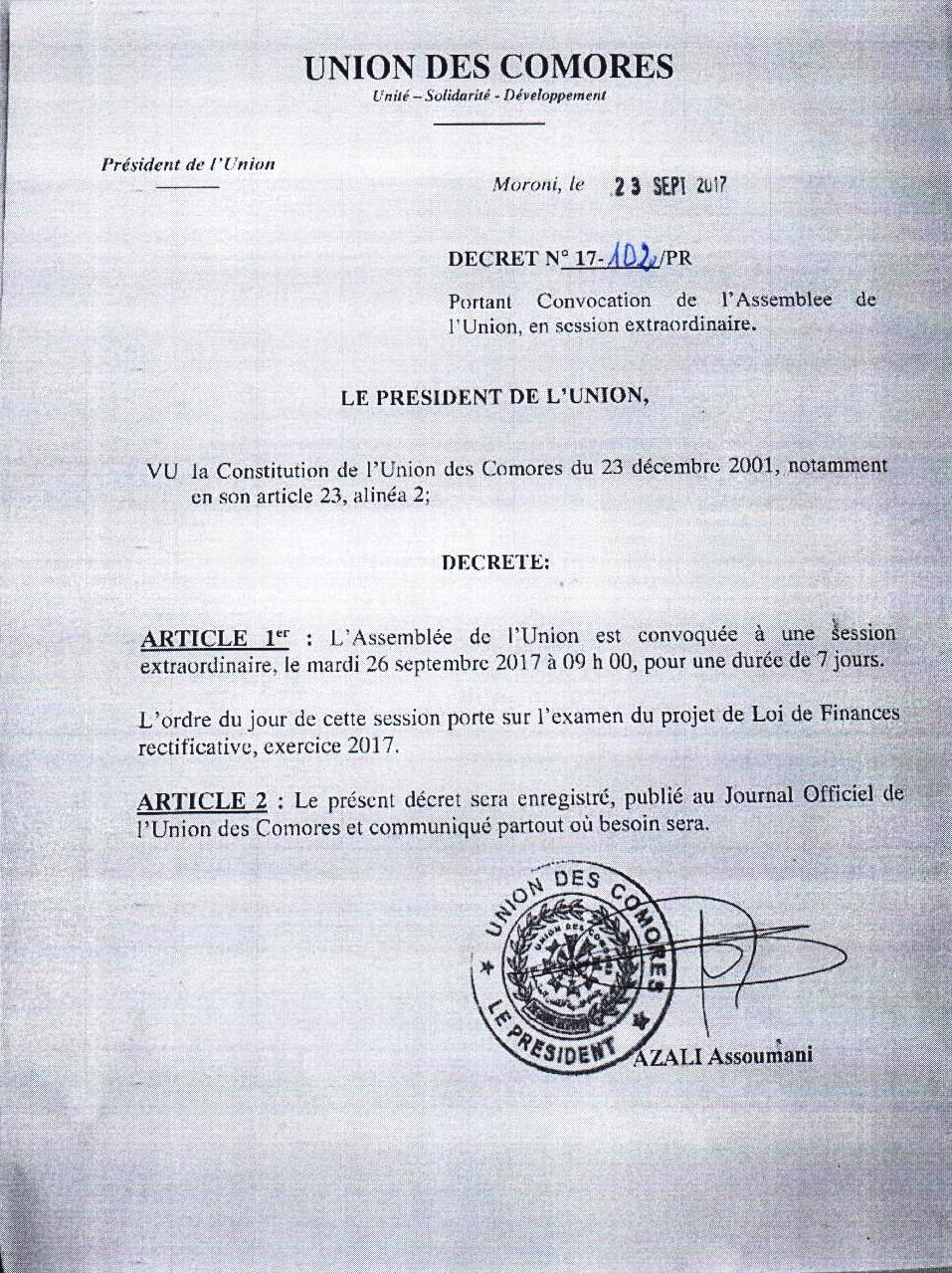 Decret portant convocation de l'Assemblée de l'Union, en session extraordinaire